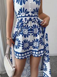 Elenzga 女式春夏海滩度假休闲优雅撞色全身复古印花无袖连体裤 - 藍白色 - 查看 6