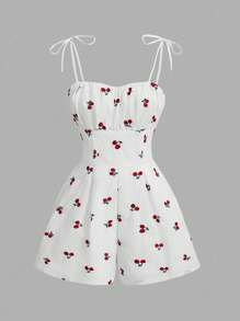 Tween Girls' Casual Cherry Print Woven Jumpsuit - White - View 2