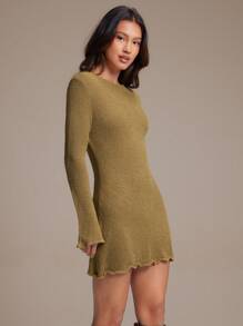 WESTFADE Summer Boat Neck Relaxed Fit Lettuce Edge Cute Bow Tie Backless Long Sleeve Western Cowgirl Open Knit Sweater Mini Dress Boho Festival Nashville Rodeo Outfit - Brown - View 4