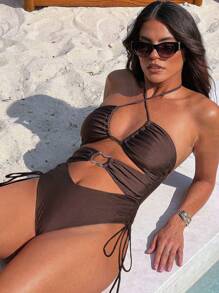 Swim Chiccia Costume da bagno intero sexy da donna con anello cavo annodato, spalline a cordoncino, dorso scoperto, in materiale marrone scuro lucido