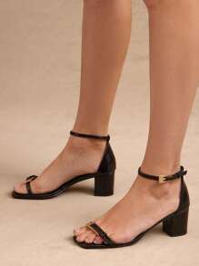 SHUZIA 女士优雅踝带粗跟凉鞋，金属装饰 - 黑色 - 查看 2