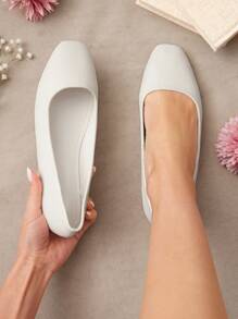 SHUZIA 女士方头芭蕾平底鞋，纯色平底乐福鞋，舒适轻便 - 白色 - 查看 2