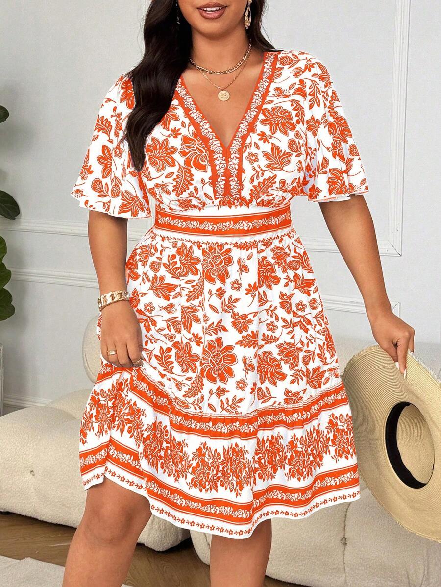 SHEIN Clasi Plus Size Women V-Neck Retro Print Casual Dress - Orange - View 1