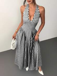 Siren Gaze Robe ras-du-cou évasée avec ceinture taille pour femmes, robe à carreaux, robe longue, vêtements d'été pour dames - Noir et Blanc - Voir 4