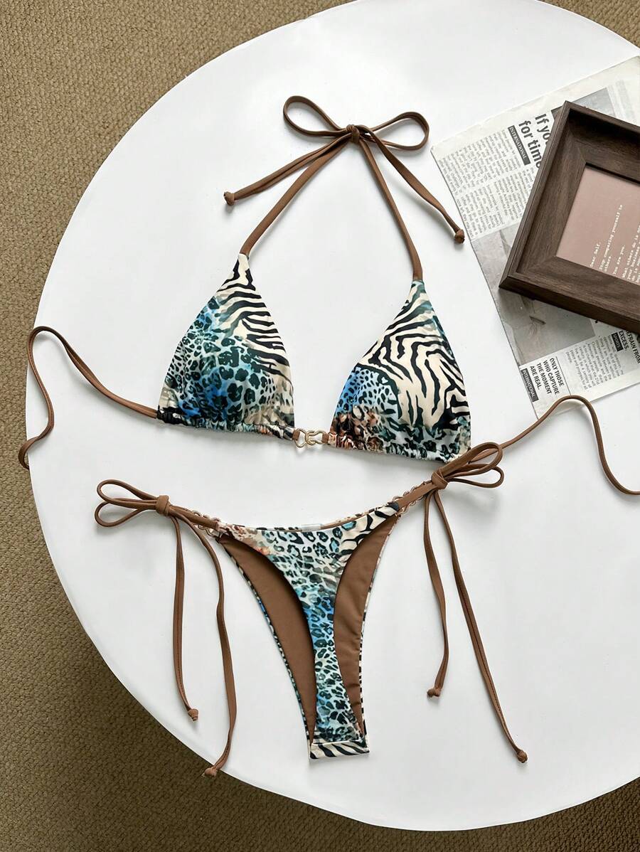 Swim Vcay 随机蛇皮印花三角形无钢圈上身和侧系带丁字裤比基尼套装，女士夏季海滩度假泳装 - 彩色 - 查看 1