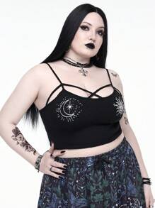 ROMWE Goth 哥特式植物刺绣大码女式针织宽松夏季波西米亚风度假上衣 - 黑色 - 查看 5