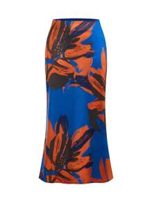 Armand Women Summer Floral Printed Satin High Waist Flared Midi Skirt, Vacation Summer - Blue - View 6