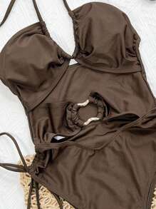 Swim Chiccia Costume da bagno intero sexy da donna con anello cavo annodato, spalline a cordoncino, dorso scoperto, in materiale marrone scuro lucido