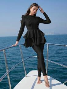 Swim Shayni Bộ đồ Burkini dài tay nhiều lớp màu trơn cho nữ và quần dài - màu đen - Xem 1