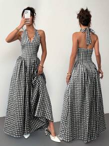 Siren Gaze Robe ras-du-cou évasée avec ceinture taille pour femmes, robe à carreaux, robe longue, vêtements d'été pour dames - Noir et Blanc - Voir 8