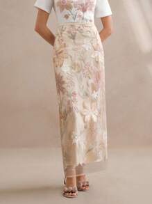 Anewsta Elegant & Fashionable Sequins Embroidered Floral Mini Skirt, Spring/Summer - Apricot - View 1