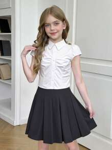 SHEIN Chaqueta corta ajustada con manga corta, cuello y botones para niña preadolescente, estilo universitario, color blanco