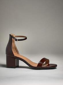 SHUZIA Viral Women's Single Strap Low Block Heel Glossy Pu Coffee Sandals-Comfy Minimalist Summer Essential Shoes 2025 | Ankle Strap Casual Sandals For Every Time - Coffee Brown - View 3