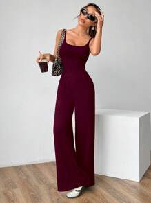 SHEIN PETITE 夏季性感露背细肩带直筒连体裤 - 酒紅色 - 查看 2