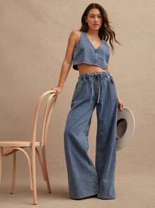 WESTFADE V 领宽松无袖棉混纺牛仔西部牛仔背心夏季度假 - 中等水洗藍 - 查看 2