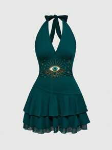 ROMWE Plus Size Hippie Eye Totem Embroidery Women Sleeveless V-Neck Layered Hem Short Dress - Navy Blue - View 1