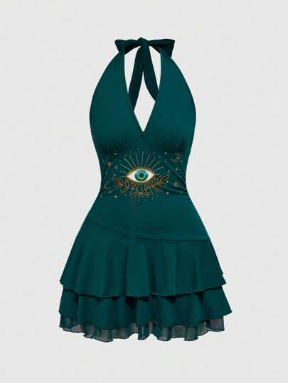 Plus Size Hippie Eye Totem Embroidery Women Sleeveless V-Neck Layered Hem Short Dress