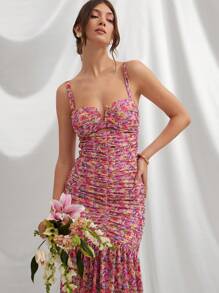 L'Amorae Vestido de verano casual de mujer con estampado floral en rejilla, de corte midi y diseño calado