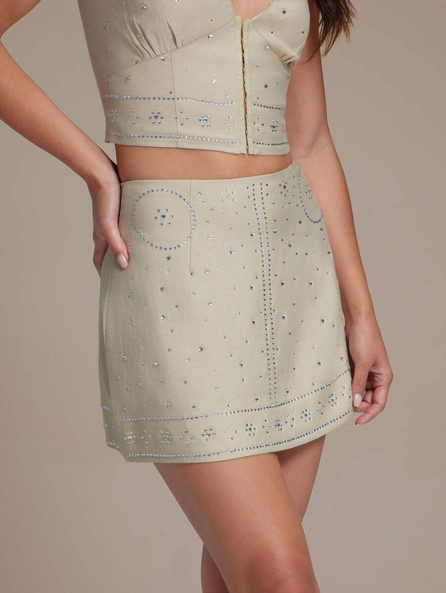 WESTFADE Summer Shine Linen Blend High Waist Fitted Country Western Cowgirl Rhinestone Embellished Mini Skirt Boho Spring Festival Nashville Vacation - Apricot - View 1