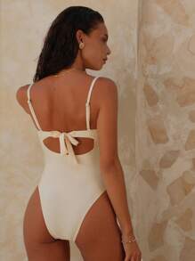 Swim Chiccia 女式针织纯色时尚优雅连体泳衣，带钢圈，夏季泳装 - 米色 - 查看 5