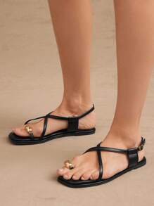 SHUZIA Sandalias de mujer de moda casual con puntera cuadrada y tiras, con adorno de chapa de oro
