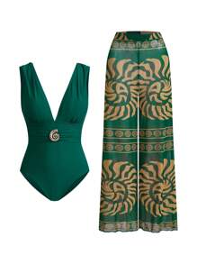 Swim Oasis 女士复古螺旋纹理连体泳衣，优雅的假日装