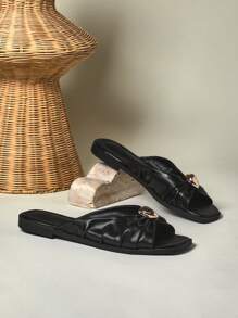 SHUZIA 女士舒适平底日常休闲基本款一脚蹬PU黑色拖鞋 - 黑色 - 查看 6