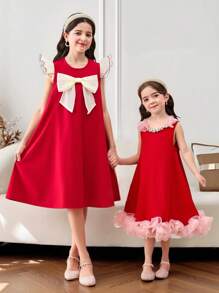 Young Girl Crystal Embellished Neck Contrast Color Ruffle Hem Red Summer Flower Girl Sleeveless Midi A-Line Cake Dress,Cute & Elegant Princess Party - Black - View 11