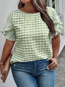 Weeklong 大码女式编织格子拼布荷叶边下摆衬衫