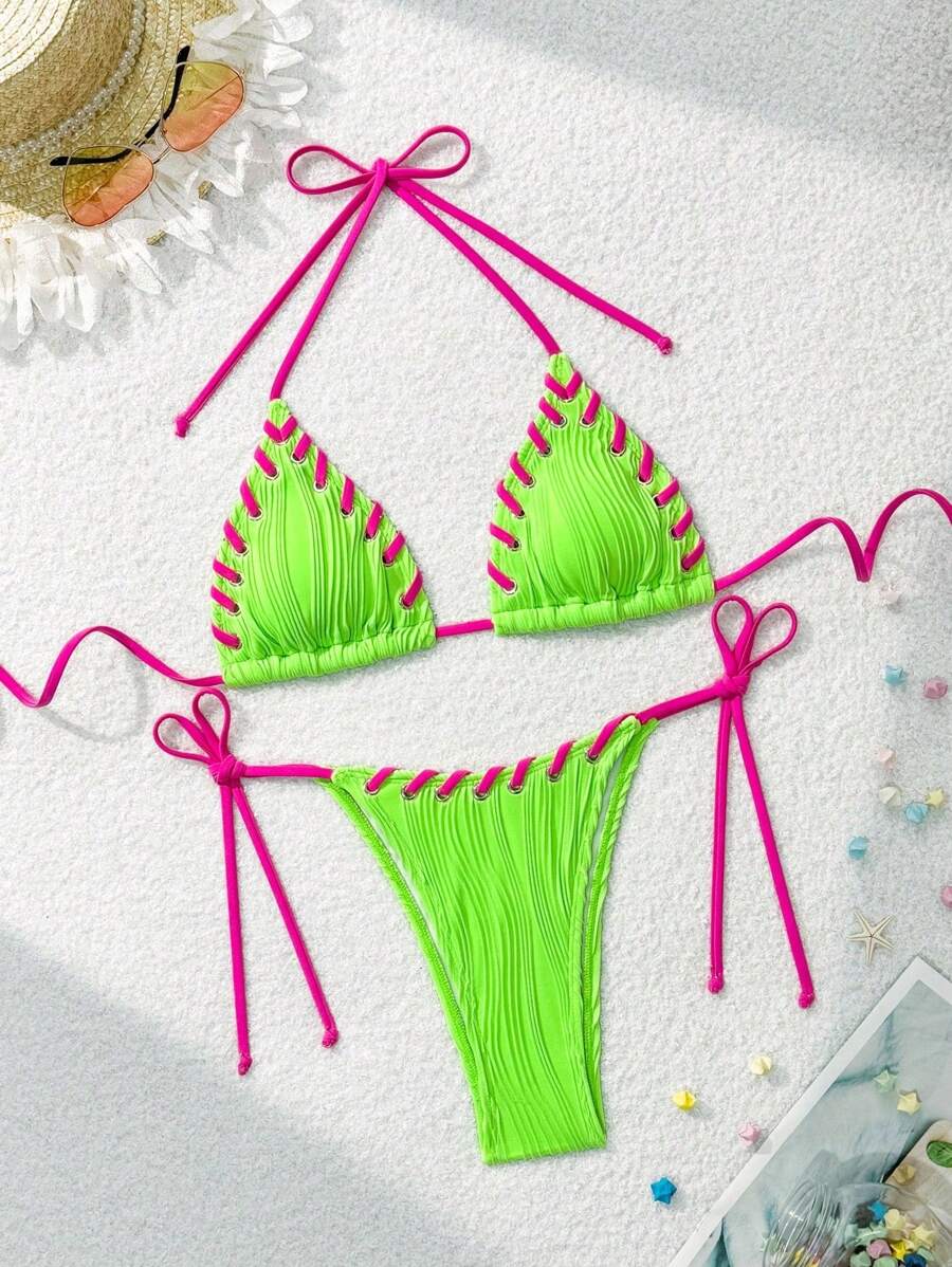 SHEIN Swim Women Neon Green Halter Tie Sexy Bikini Swimsuit Set, Summer Beach