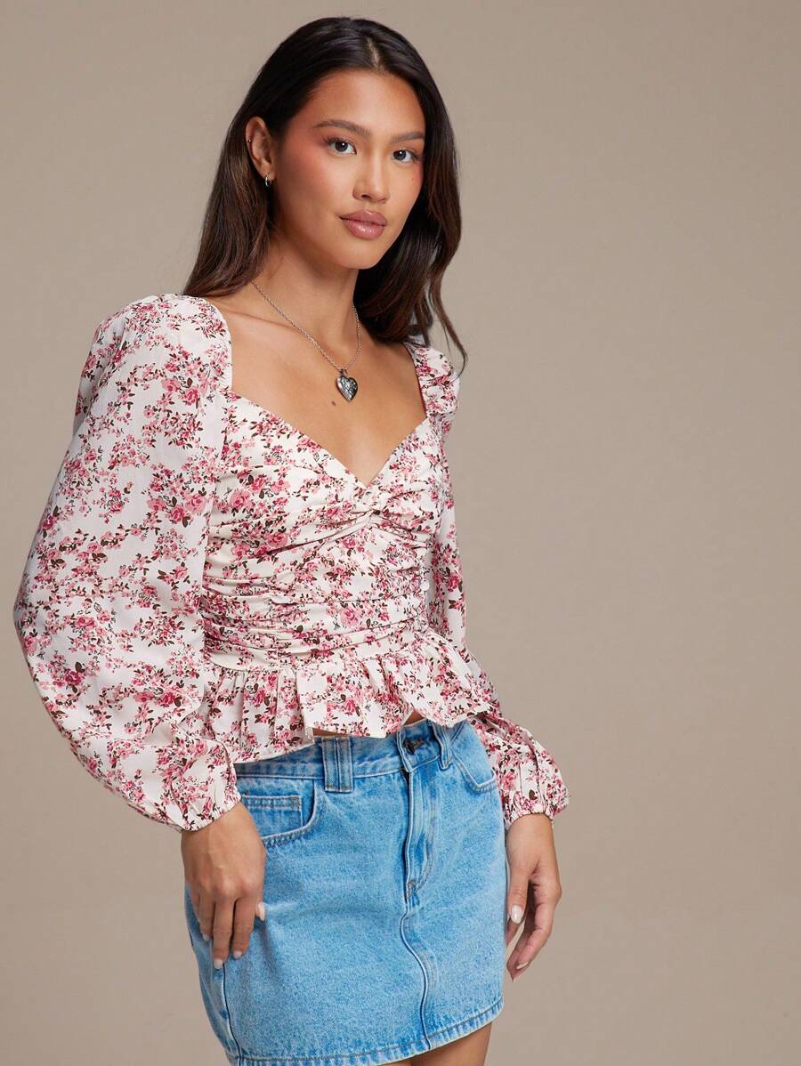 WESTFADE 春季花卉印花编织甜心领灯笼袖长袖荷叶边上衣 女式西部风 - 彩色 - 查看 1