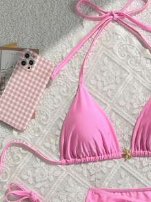 Swim Mod Set de traje de baño de 3 piezas con Top de bikini tipo triángulo con corbata de color liso y mini falda para damas - Rosa - Ver 5