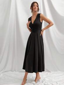 L'Amorae Summer Women Outfit, Elegant Red Scuba V-Neck Long Dress With Buttons, Wedding - Olive Green - View 1