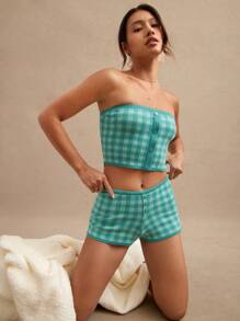 WESTFADE Gingham Check Button Front Sweater Knit Boho Preppy Micro Shorts Western Cowgirl Nashville Rodeo Beach Vacation - Teal Blue - View 3