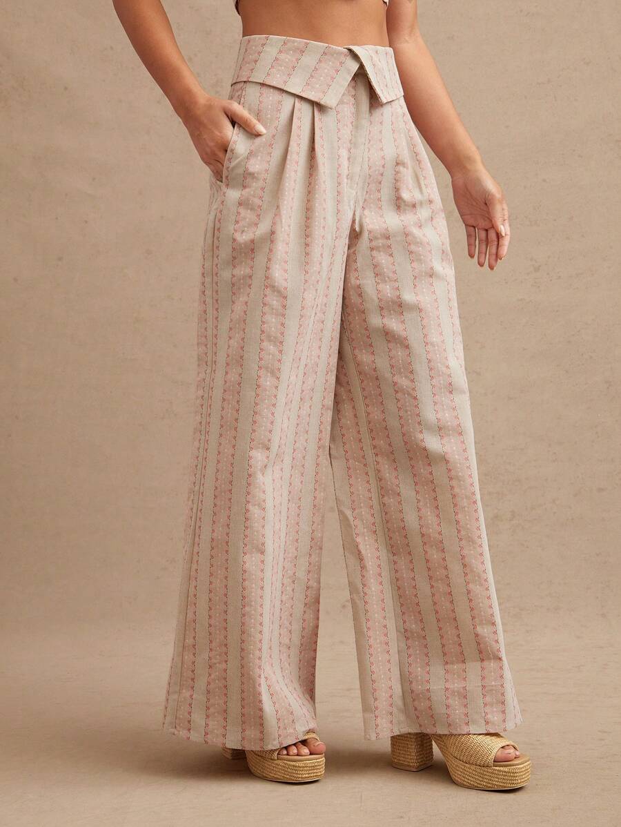 WESTFADE Pantalon large à taille haute pliable avec rayure et motif floral occidental. Tenue d'été style western, Nashville, cowgirl, rodéo - Rose bonbon - Voir 1