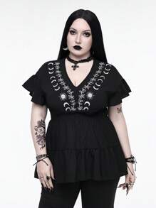 ROMWE Goth Summer Boho Style Floral Embroidery Ruffle Hem Black Blouse, Plus Size - Black - View 4