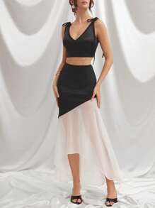 L'Amorae Elegant Colorblock White/Black Satin Chiffon Asymmetric Flowy Formal Skirt, Brunch, Summer, Wedding Guest Skirt - Black and White - View 4