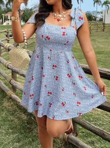 SHEIN Clasi Casual Loose Floral Print Plus Size Dress - Blue and White - View 1