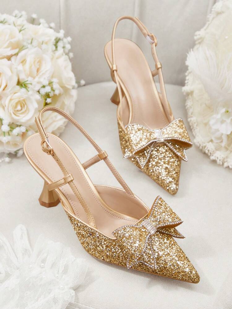 CUCCOO HITCHD Women's Gold Glitter Bow Crystal Embellished Wedding/Evening Party High Heel Mules For Christmas Elegant Shoes Wedding Shoes Summer Shoes Bride Shoes