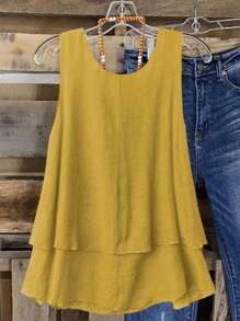 Linhara Plus Size Women's Sweet Vintage Double Ruffle Hem Camisole For Beach Vacation, Spring/Summer - Mustard Yellow - View 2