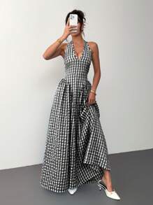 Siren Gaze Robe ras-du-cou évasée avec ceinture taille pour femmes, robe à carreaux, robe longue, vêtements d'été pour dames - Noir et Blanc - Voir 7