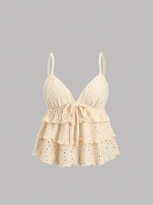 Sweetra Camiseta sin mangas de mujer con nuevo diseño de volantes, lazo y flecos en capas, adecuada para la playa, vacaciones, primavera/verano - Albaricoque - Ver 1