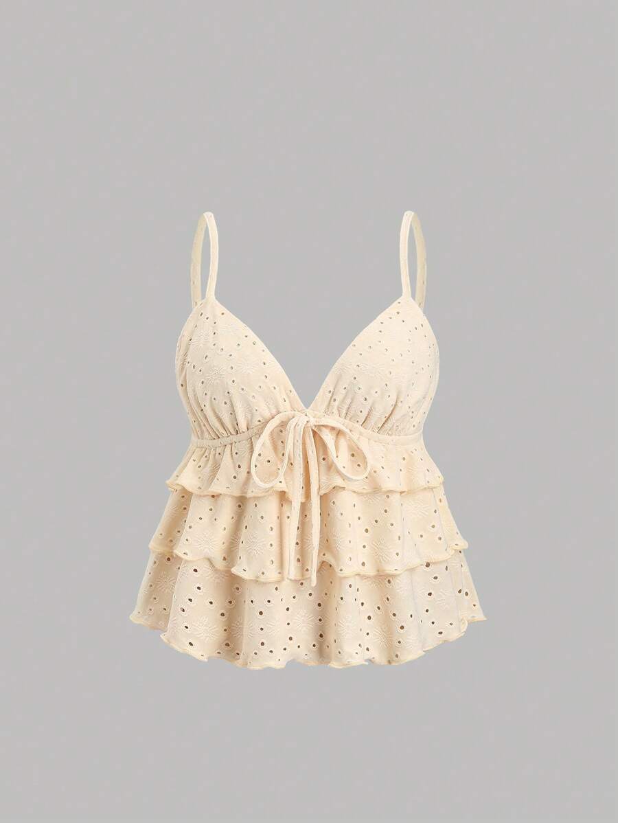 Sweetra Camiseta sin mangas de mujer con nuevo diseño de volantes, lazo y flecos en capas, adecuada para la playa, vacaciones, primavera/verano - Albaricoque - Ver 1