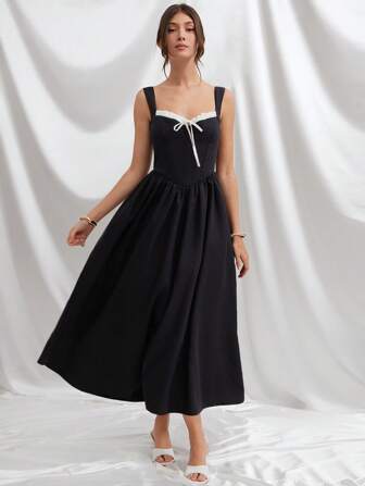 L'Amorae Women Contrast Detail Fit And Flare Midi Sun Dress Derby Casual Wedding Guest Homecoming Color Block
