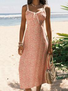 Easelle Romantic Ditsy Floral A-Line Cami Dress With Waist Cincher, For Holiday And Outdoor - Multicolor - View 5
