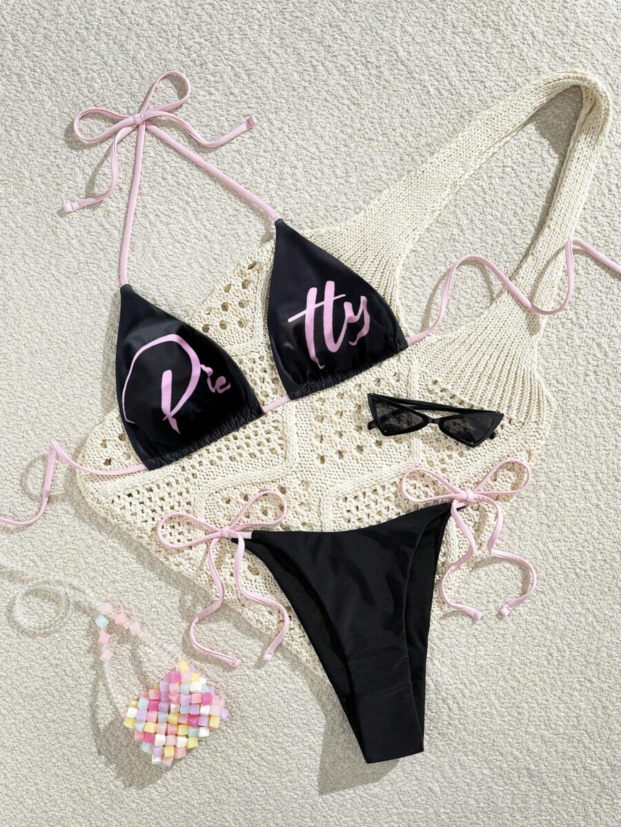 Swim Mod 2件套女士黑色露背字母性感度假比基尼泳装