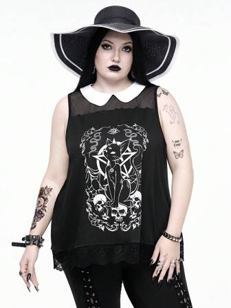Retro Goth Punk Gothic Cat Star Skull Print White Collar Mesh Lace Patchwork Plus Size Women Tank Top