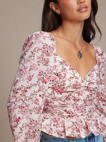 WESTFADE 春季花卉印花编织甜心领灯笼袖长袖荷叶边上衣 女式西部风 - 彩色 - 查看 2