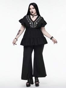 ROMWE Goth Summer Boho Style Floral Embroidery Ruffle Hem Black Blouse, Plus Size - Black - View 6