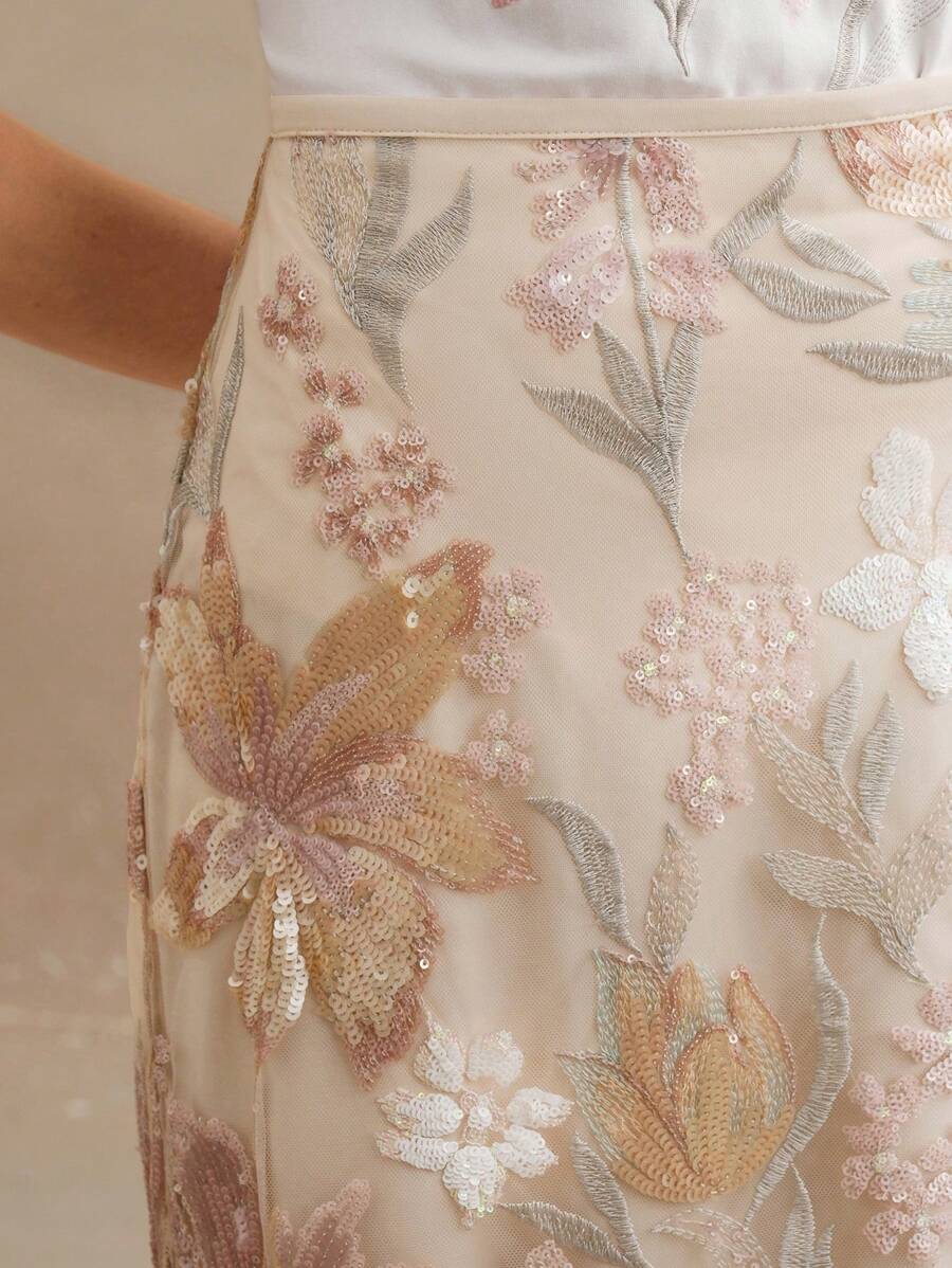 Anewsta Petite 優雅亮片刺繡大尺碼A字中長裙,時尚設計,春夏款,適合嬌小女性 - 杏色 - 查看 1